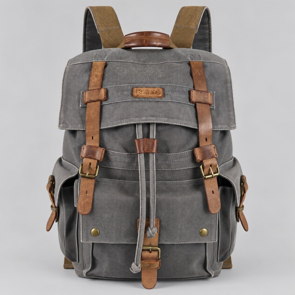 Kattee Gray Canvas Leather Trim Rucksack Backpack Vintage Travel Bag